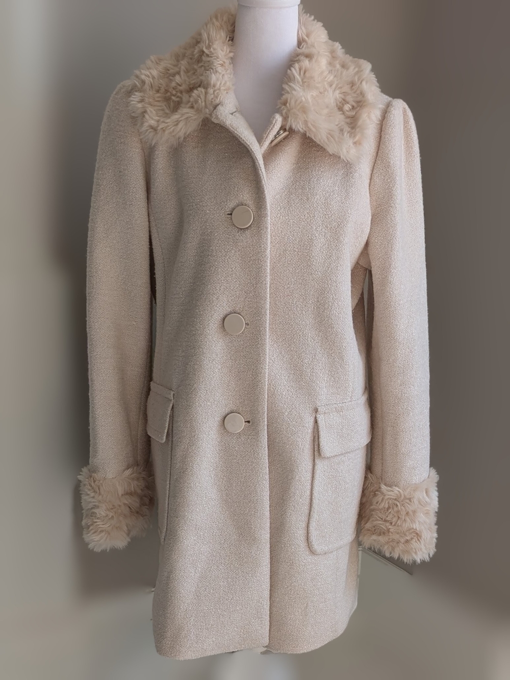 Apt. 9 Cream Faux-Fur Trim Coat-Lg